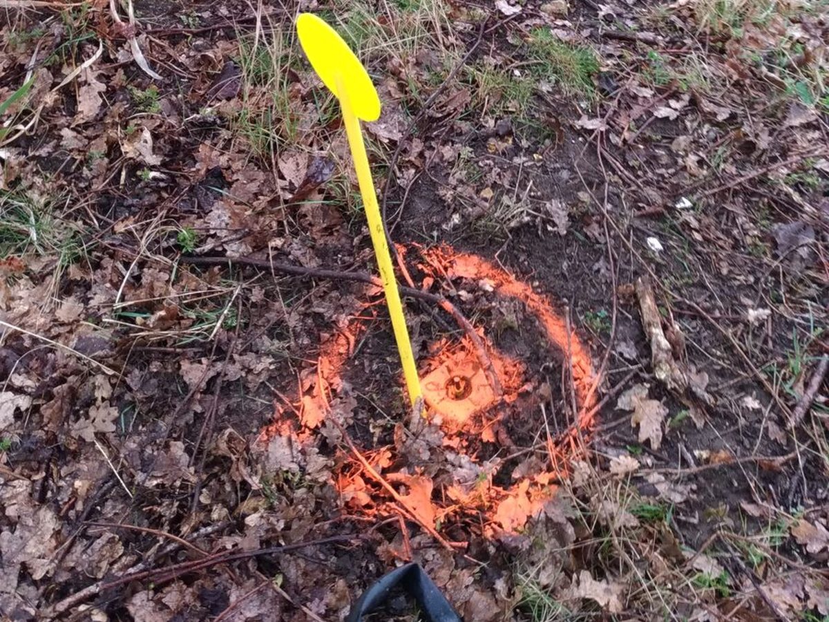 Borne posée en limite de propriété, signalée par un fanion jaune et un cercle de marquage orange